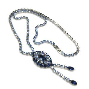 Mid Century Blue Rhinestone Rhodium Plated Necklace, Light Dark Blue Rhinestones